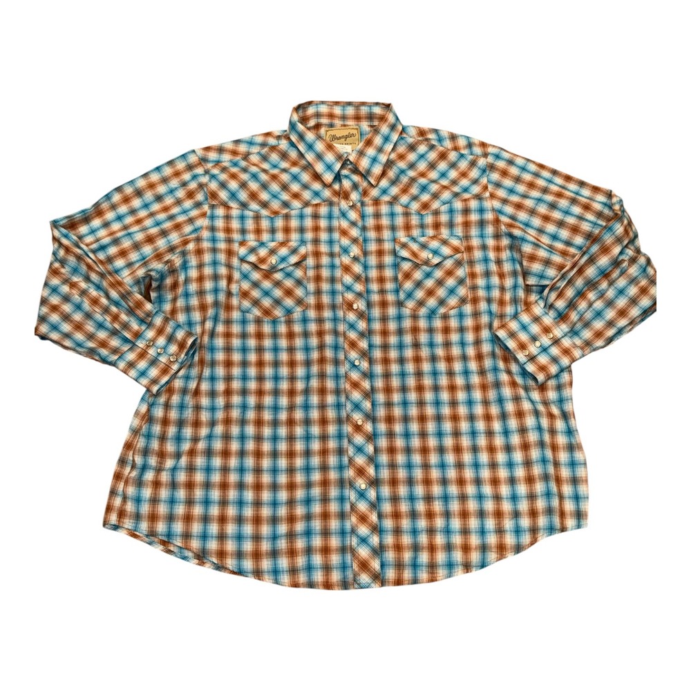 Wrangler Mens 2XL Big Western Pearl Snap Plaid Long Sleeve Shirt Blue Brown